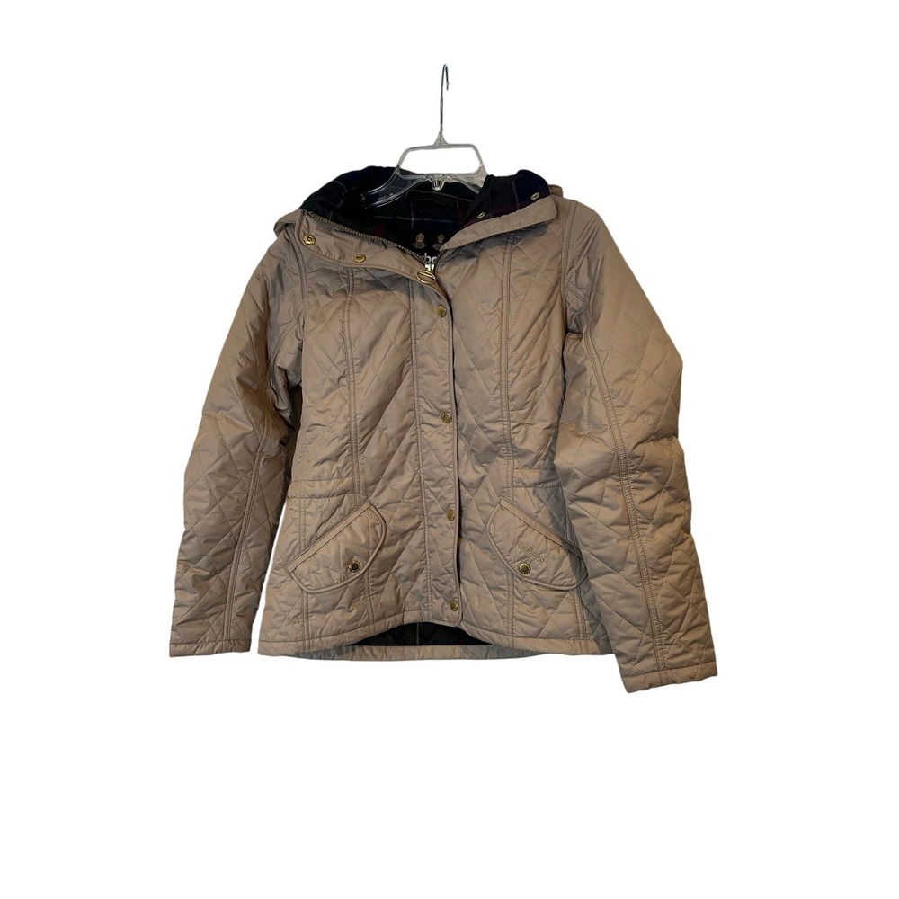 Barbour‎ Millfire Quilt Jacket Tan Beige Hooded Tartan Lining LQU0665 Womens 8
